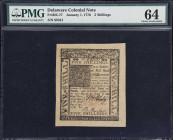 DE-77. Delaware. January 1, 1776. 5 Shillings. PMG Choice Uncirculated 64.
No. 68341. A rather attractive Colonial-era note from Delaware that offers...