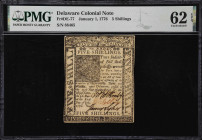 DE-77. Delaware. January 1, 1776. 5 Shillings. PMG Uncirculated 62 EPQ.
No. 88465. A strictly Uncirculated Colonial-era note from Delaware that comes...