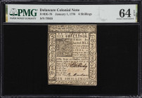 DE-78. Delaware. January 1, 1776. 6 Shillings. PMG Choice Uncirculated 64 EPQ.
No. 79555. Between impeccably engraved details and eye appeal best dem...