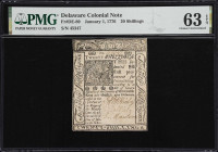 DE-80. Delaware. January 1, 1776. 20 Shillings. PMG Choice Uncirculated 63 EPQ.
No. 45347. Representative of the highest denomination issued under th...