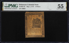 DE-83. Delaware. May 1, 1777. 6 Pence. PMG About Uncirculated 55.
No. 49969. Lightly handled albeit toned. The level of detail endemic to the engrave...