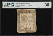 DE-85. Delaware. May 1, 1777. 1 Shilling. PMG Choice Very Fine 35.
No. 33587. Moderate circulation and extant penned elements are noticed on this Col...