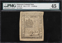 DE-89. Delaware. May 1, 1777. 5 Shillings. PMG Choice Extremely Fine 45.
No. 44044. A lightly circulated change note from Delaware that offers good e...