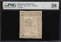 DE-90. Delaware. May 1, 1777. 6 Shillings. PMG Choice About Uncirculated 58.
No. 34704. A lightly handled Colonial note from Delaware that demonstrat...
