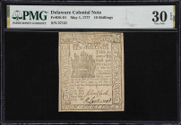 DE-91. Delaware. May 1, 1777. 10 Shillings. PMG Very Fine 30 EPQ.
No. 37131. Exceedingly original for the grade assigned by PMG. This note offers muc...