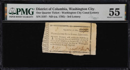 Washington City, District of Columbia. Washington City Canal Lottery. ND (ca. 1795). 1/4 Ticket. PMG About Uncirculated 55.
No. 3197. Fully signed an...