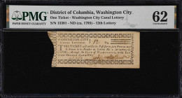 Washington City, District of Columbia. Washington City Canal Lottery. ND (ca. 1795). 1 Ticket. PMG Uncirculated 62.
No. 15381. Fully signed and issue...