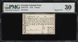 GA-61. Georgia. 1776. 3 Pence. PMG Very Fine 30. Remainder.
No. None. Even as a Remainder this represents a rarity and one seldom ever offered. The N...