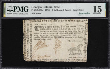 GA-65b. Georgia. 1776. 2 Shillings, 6 Pence. PMG Choice Fine 15.
No. None. Well-circulated albeit quite intact compared to other comparable notes at ...