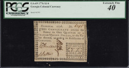 GA-69. Georgia. 1776. $1/4. PCGS Currency Extremely Fine 40.
No. 6395. Lightly circulated with some evident restorations apparent along the margins. ...