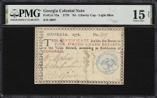 GA-75a. Georgia. 1776. $4. PMG Choice Fine 15 Net. Repaired.
No. 6987. Circulated extensively with a good degree of eye appeal still retained. The bl...