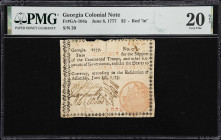 GA-104a. Georgia. June 8, 1777. $2. PMG Very Fine 20 Net. Tape Repair, Tears.
No. 20. Extensively circulated and certainly a survivor among its peers...