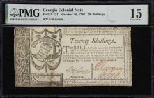 GA-131. Georgia. October 16, 1786. 20 Shillings. PMG Choice Fine 15.
No. Unknown. First issued in 1786 and meant to be redeemed in 1790. Economic cir...