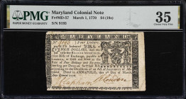 MD-57. Maryland. March 1, 1770. $4. PMG Choice Very Fine 35.
No. 9193. A moderately circulated Colonial-era note from Maryland produced under the mot...