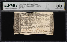 MD-58. Maryland. March 1, 1770. $6. PMG About Uncirculated 55.
No. 7758. A lightly handled Colonial-era note from Maryland that offers the faintest t...