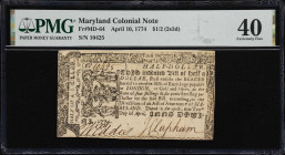 MD-64. Maryland. April 10, 1774. $1/2. PMG Extremely Fine 40.
No. 10425. Printed by the mother-son partnership between Anne Catherine Green and Frede...