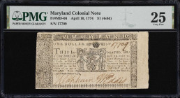 MD-66. Maryland. April 10, 1774. $1. PMG Very Fine 25.
No. 17709. Printed by the mother-son partnership of Anne Catherine Green and Frederick Green; ...