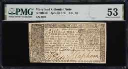 MD-68. Maryland. April 10, 1774. $4. PMG About Uncirculated 53.
No. 9089. A lightly handled Colonial-era note from Maryland printed by the mother-son...