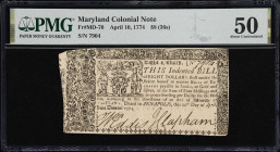 MD-70. Maryland. April 10, 1774. $8. PMG About Uncirculated 50.
No. 7904. Representative of the highest denomination issued for this particular emiss...