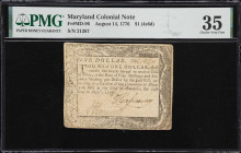 MD-96. Maryland. August 14, 1776. $1. PMG Choice Very Fine 35.
No. 21267. Moderate circulation along with extant penned elements are noticed on this ...