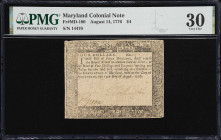 MD-100. Maryland. August 14, 1776. $4. PMG Very Fine 30.
No. 14470. Even circulation along with extant penned elements are noticed on this Colonial-e...