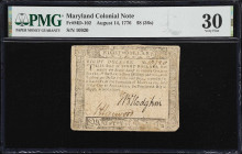 MD-102. Maryland. August 14, 1776. $8. PMG Very Fine 30.
No. 10920. Even circulation along with extant penned elements are noticed on this Colonial-e...