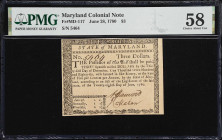 MD-117. Maryland. June 28, 1780. $3. PMG Choice About Uncirculated 58.
No. 5464. A lightly handled Colonial-era note from Maryland issued under the e...