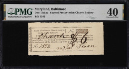 Maryland, Baltimore. Second Presbyterian Church Lottery. ND. 1 Ticket. PMG Extremely Fine 40.
No. 7552. A lightly handled period Lottery Ticket attri...