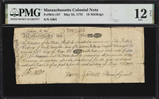 MA-147. Massachusetts. May 25, 1775. 18 Shillings. PMG Fine 12 Net. Repaired & Reconstructed, Pieces Added.
No. 2404. Representative of a rare emissi...