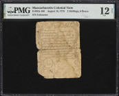 MA-160. Massachusetts. August 18, 1775. 2 Shillings, 6 Pence. PMG Fine 12 Net. Contemporaneously Sewn at Center, Stained, Annotation.
No. Unknown/Fad...