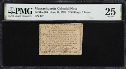 MA-200. Massachusetts. June 18, 1776. 2 Shillings, 6 Pence. PMG Very Fine 25.
No. 227. One of 8,000 printed. This note is particularly crude for a ge...