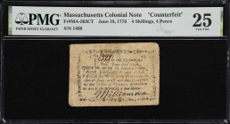 MA-203CT. Massachusetts. June 18, 1776. 4 Shillings, 4 Pence. PMG Very Fine 25. Counterfeit.
No. 1499. A crude period counterfeit that has seen even ...