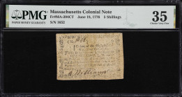 MA-204CT. Massachusetts. June 18, 1776. 5 Shillings. PMG Choice Very Fine 35. Counterfeit.
No. 1652. A moderately circulated Colonial-era note from M...