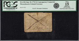MA-204. Massachusetts. June 18, 1776. 5 Shillings. PCGS Currency Fine 15 Apparent. Pen Cancelled, Small Edge Split at Top Center. Contemporary Counter...