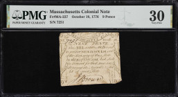 MA-227. Massachusetts. October 18, 1776. 9 Pence. PMG Very Fine 30.
No. 7251. A mid-grade "Codfish" Colonial-era change note that offers a decent deg...