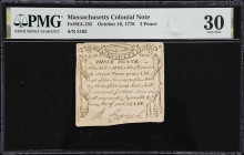 MA-255. Massachusetts. October 16, 1778. 3 Pence. PMG Very Fine 30.
No. 5102. A solid mid-grade "Codfish" change note that offers good eye appeal. Th...