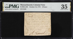 MA-258. Massachusetts. October 16, 1778. 8 Pence. PMG Choice Very Fine 35.
No. 5542. Moderately circulated with some light stains. This "Codfish" not...