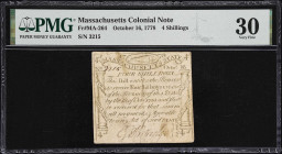 MA-264. Massachusetts. October 16, 1778. 4 Shillings. PMG Very Fine 30.
No. 3215. A mid-grade "Codfish" note that retains an ample degree of detail a...