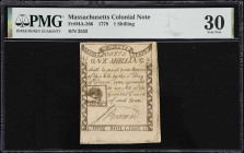 MA-266. Massachusetts. 1779. 1 Shilling. PMG Very Fine 30.
No. 2552. A mid-grade example of this popular emission where the face plate was engraved b...