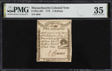 MA-268. Massachusetts. 1779. 2 Shillings. PMG Choice Very Fine 35.
No. 6040. A moderately circulated example of this popular emission where the face ...