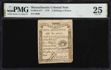 MA-277. Massachusetts. 1779. 5 Shillings, 6 Pence. PMG Very Fine 25.
No. 3008. This is a very rare denomination for this already popular emission pri...