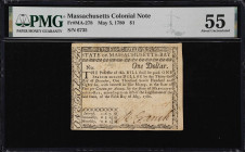 MA-278. Massachusetts. May 5, 1780. $1. PMG About Uncirculated 55.
No. 6735. A lightly handled Colonial-era note from Massachusetts that retains a go...