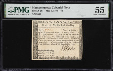 MA-281. Massachusetts. May 5, 1780. $4. PMG About Uncirculated 55.
No. 2009. A lightly handled Colonial-era note from Massachusetts denominated in Do...