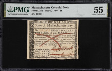 MA-284. Massachusetts. May 5, 1780. $8. PMG About Uncirculated 55.
No. 20469. Representative of the second highest denomination issued under this emi...