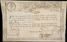 Massachusetts Bay Treasury Loan Certificate. June 1, 1779. £15 Pounds. Very Fine.
No. 805. Evenly circulated with some minor internal issues. This sp...