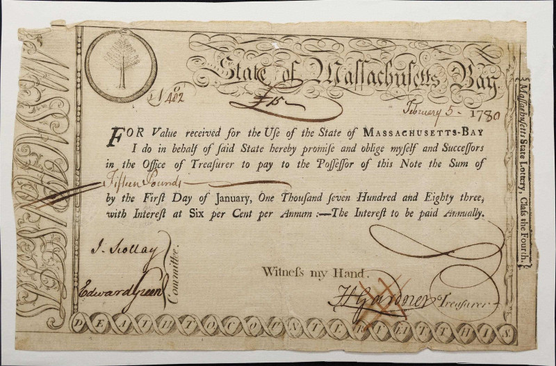 Massachusetts Bay Treasury Loan Certificate. February 5, 1780. £15 Pounds. Very ...