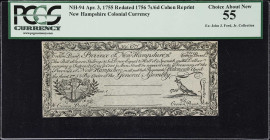 NH-94. New Hampshire. April 3, 1755 (Redated 1756). 7 Shillings, 6 Pence. PCGS Currency Choice About New 55. Cohen Reprint.
No. None. A well-made rep...