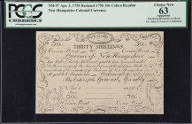 NH-97. New Hampshire. April 3, 1755 (Redated 1756). 30 Shillings. PCGS Currency Choice New 63 Apparent. Mounting Remnants on Back. Cohen Reprint.
No....