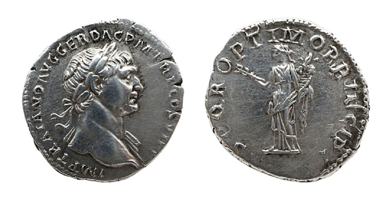 Trajan, 98-117 Denarius Rome circa 114-116, AR 19.00 mm., 3.36 g. Laureate, drap...