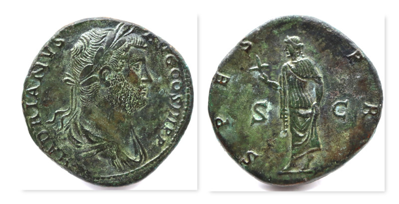 Hadrian, Bronze Sestertius, AD 137-138. Rome. 29g, 27mm. Obv: HADRIANVS AVG COS ...